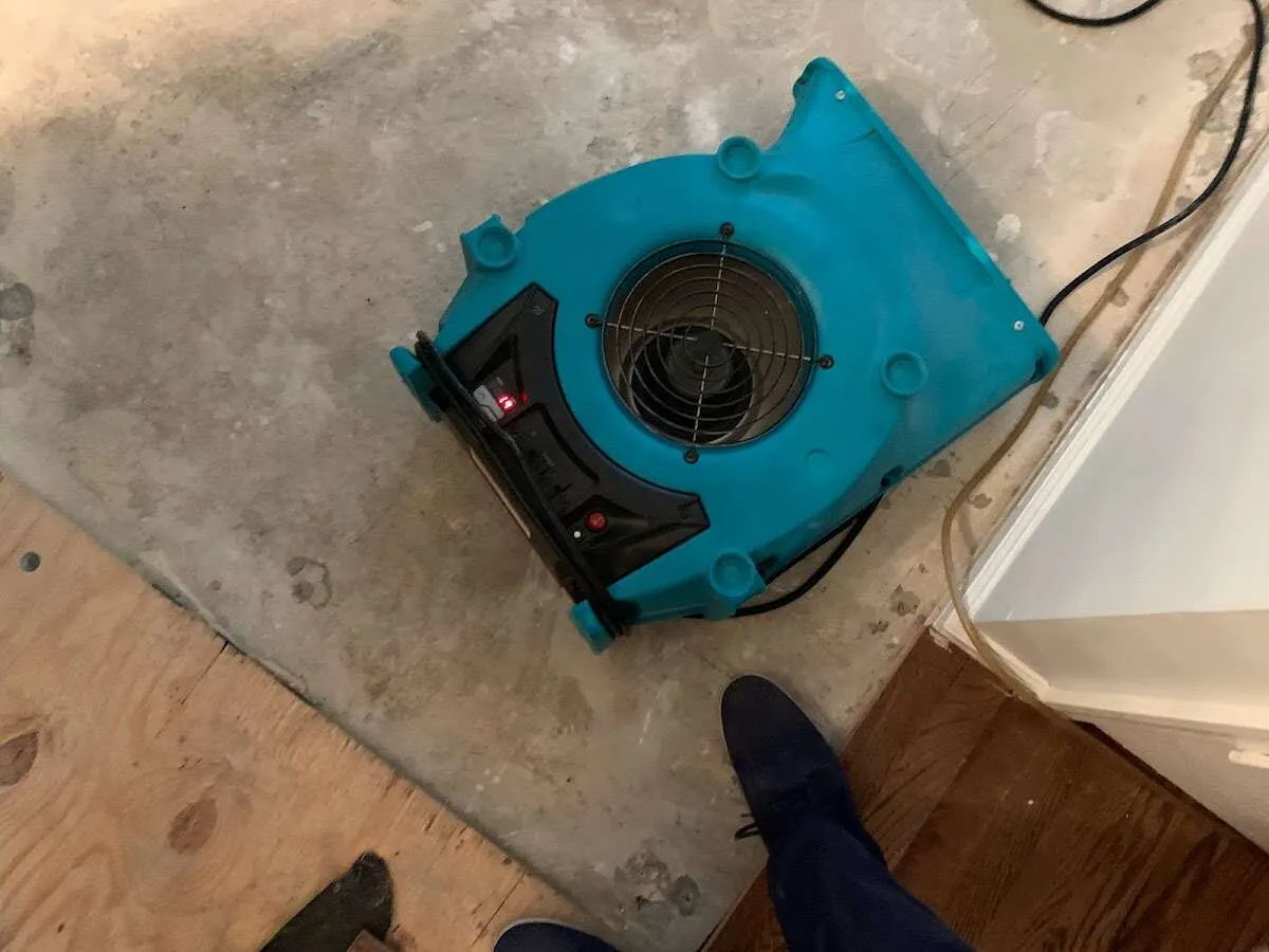 Air mover drying subfloor during Leak Detection & Repair in Laughlin